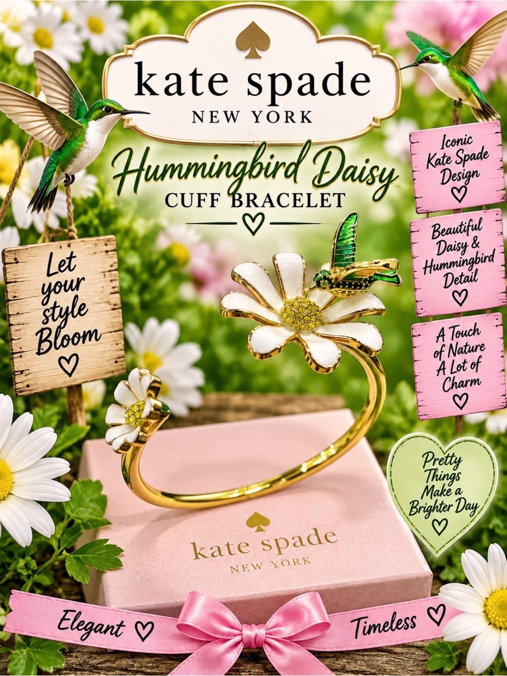 kate spade Gold White and Green Hummingbird Daisy Cuff Bracelet